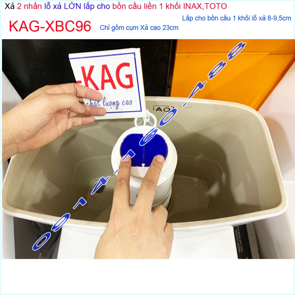 Cụm xả bồn cầu KAG-XBC96-cao 23cm cho Cầu Linax C909, xả 2 nhấn cho cầu liền khối Toto C885 lỗ thoát sứ D8cm-D9.5cm