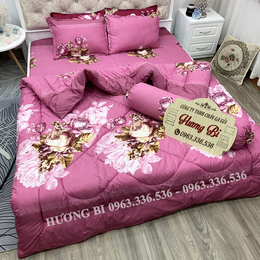 Trọn bộ 5 món ga gối chăn phao poly cotton có ruột bông dày loại 1 - chăn dày  - Hương Vũ Bedding