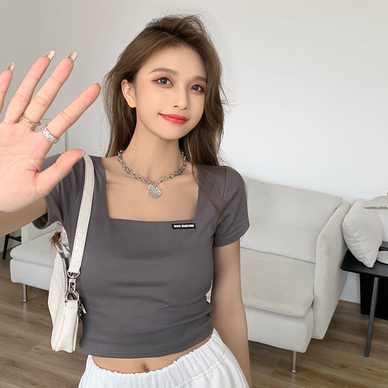 Áo Croptop Dáng Ôm Cổ Vuông Thời Trang Mùa Hè Cho Nữ