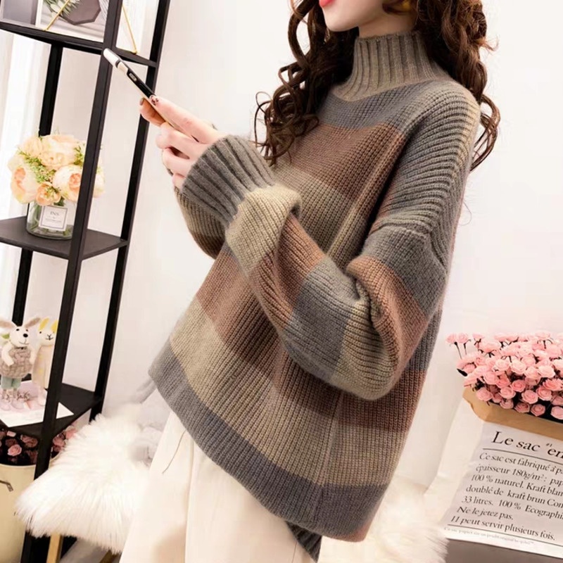Áo len RENJIANVSHENG tay dài cổ lọ form rộng thời trang vintage