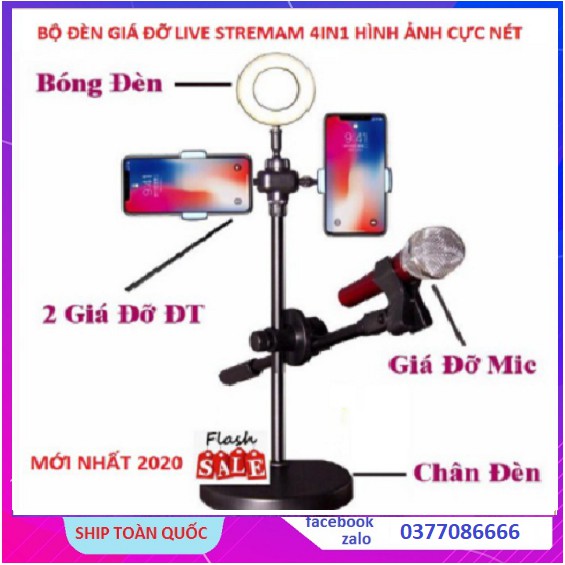 Đèn Live Stream 4in1, Để Bàn Có Chân Đỡ Micro LivesTream Hai Điện Thoại - Bộ Giá Đỡ Điện Thoại Livestream 4in1