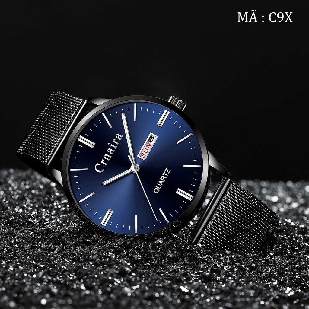 Đồng hồ nam CUENA C9 mặt tròn có lịch thứ lịch ngày dây thép không gỉ