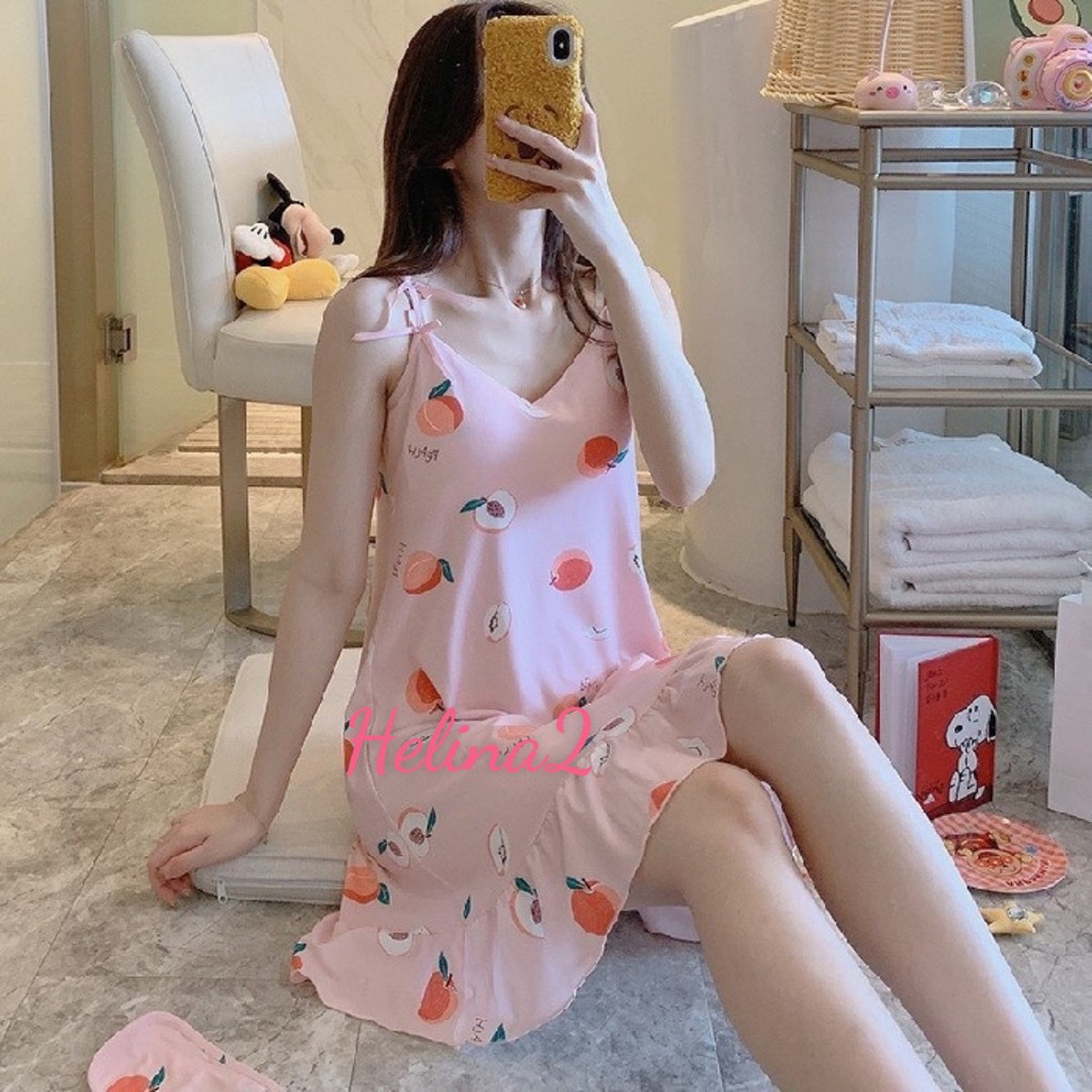 Váy ngủ 2 dây chất thun siêu mát, có đệm ngực và bịt mắt mặc nhà mặc đi ngủ, bầu bí bon chen thoải mái VN HT80