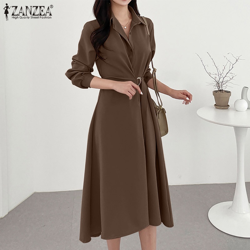Đầm ZANZEA tay dài cổ bẻ buộc eo màu trơn phong cách Hàn Quốc thanh lịch thời trang cho nữ