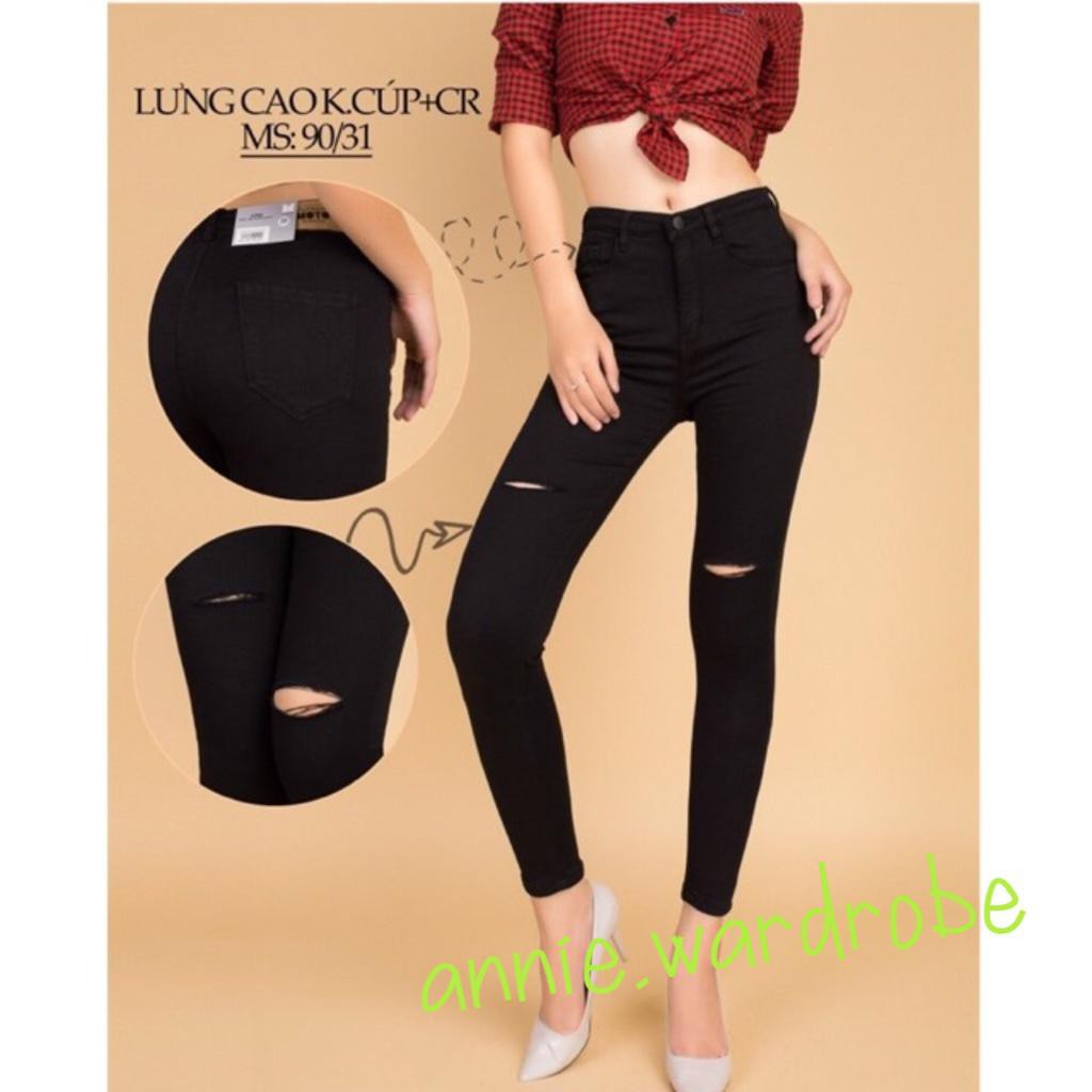 Quần jean đen lưng cao, rách ngang đùi big size