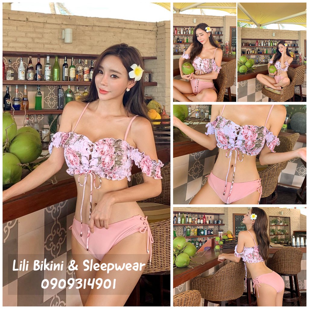 (Có sẵn, hình review) Mẫu mới Bikini Hàn Quốc hai mảnh sexy, cột nơ đan dây trước ngực họa tiết Hoa nhiệt đới