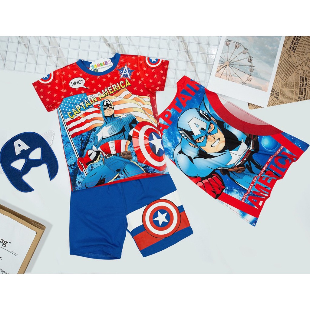 Bộ thun cotton đội trưởng Mỹ Captain American kèm khăn choàng mặt nạ bé trai