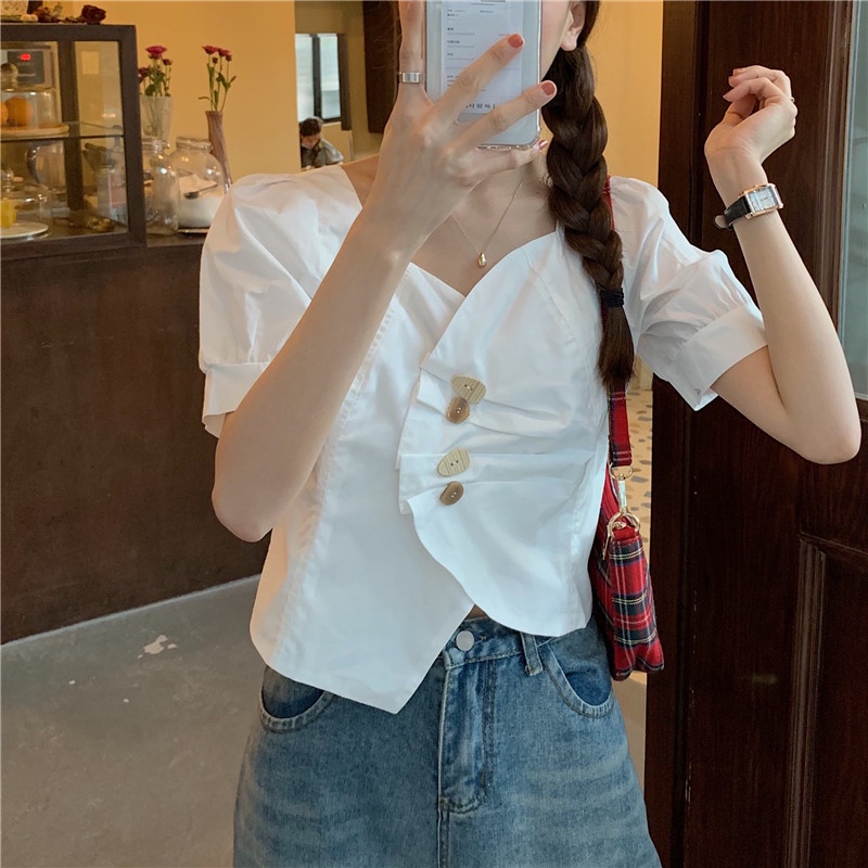 Áo Sơ Mi Nữ Cổ Chữ V Tay Phồng Ngắn Dáng Rộng Phong Cách Hàn Quốc