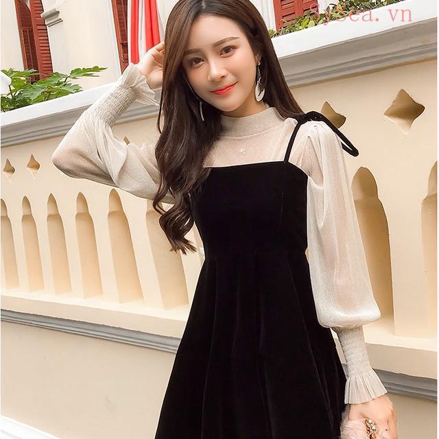 Set đồ 2 mảnh gồm áo sơ mi và đầm hai dây vải nhung có size ngoại cỡ thời trang Hàn Quốc cho nữ
