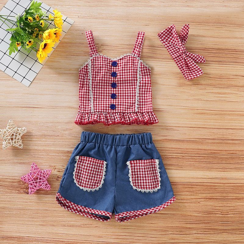 Set áo + quần short denim + băng đô dễ thương cho bé gái