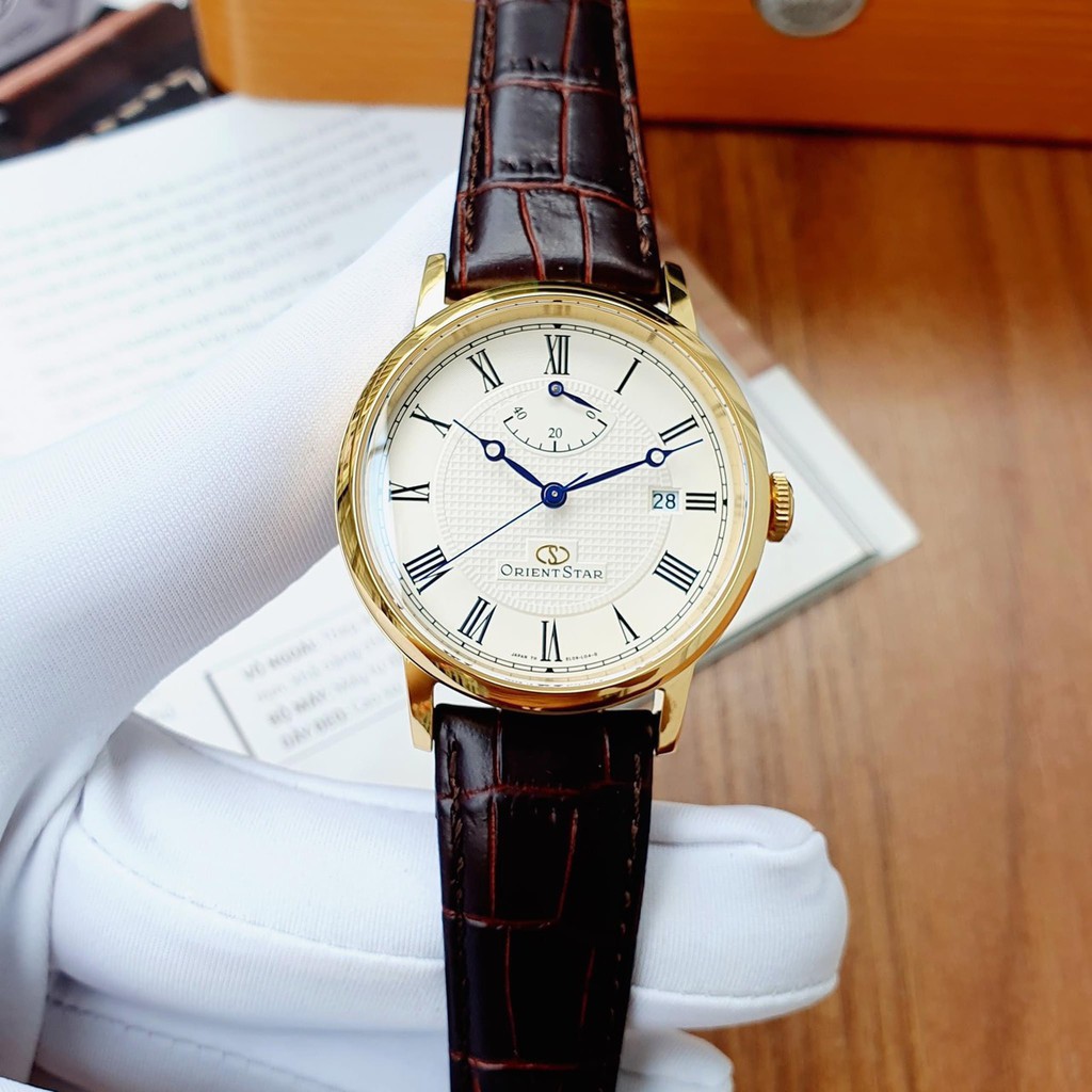 Đồng hồ Nam Orient Star Alegant SEL09001W0 Automatic Mặt trắng,Kim xanh,Báo cót,Kính Sapphire-Máy cơ-Dây da-Size 39mm