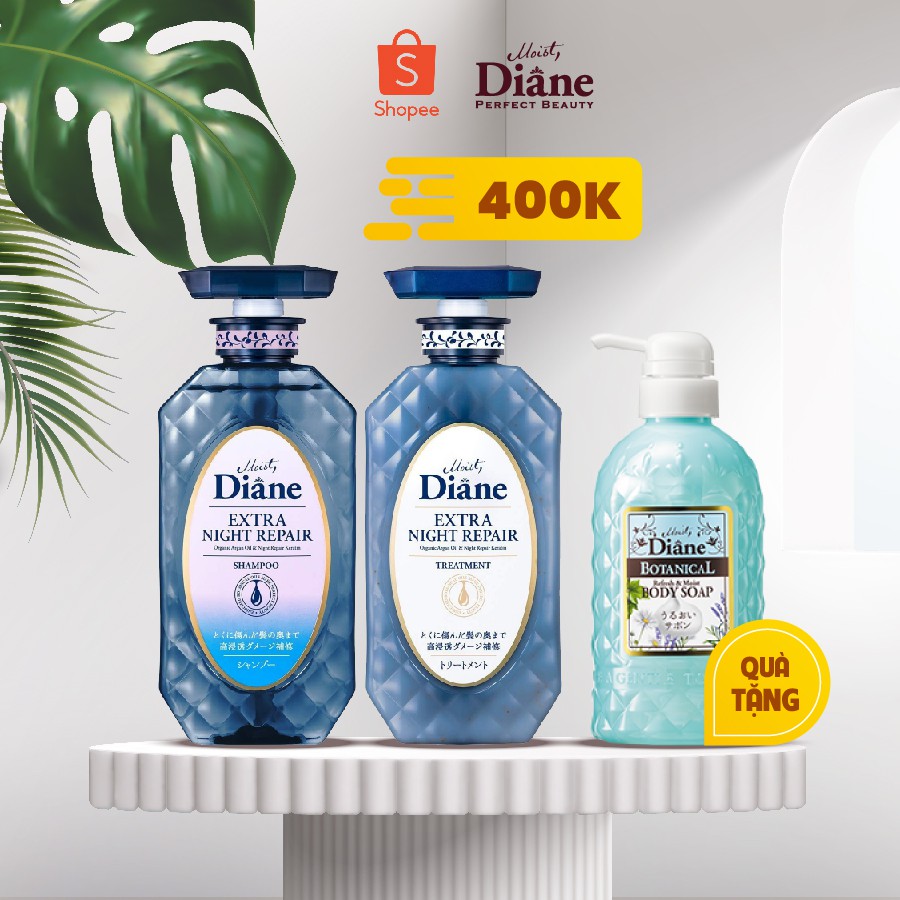 [Mã FMCGM100 - 10% đơn 500K] Bộ Đôi Gội Xả Cho Tóc Xơ Gẫy Rụng Moist Diane Extra Night Repair 450mlx2