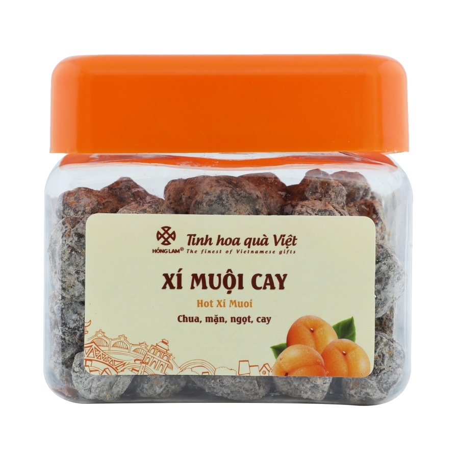 Ô mai xí muội cay Hồng Lam, dạng hộp (200gr, 300gr, 500gr). Có vị chua, mặn, ngọt cay