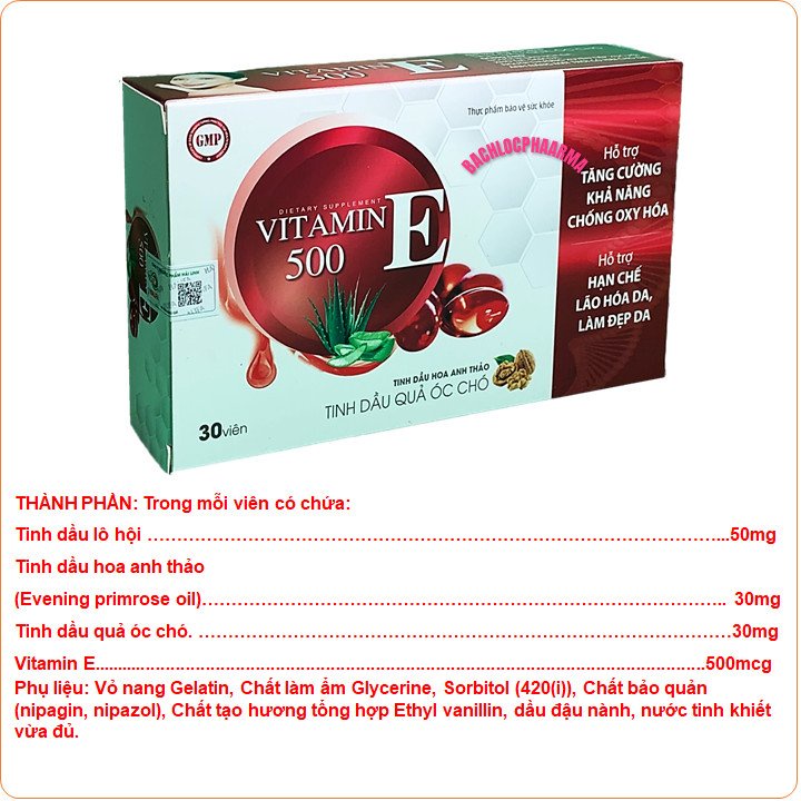 Viên uống đẹp da vitamin E 500- Thành Phần Tinh Dầu Quả Óc Chó, Hoa Anh Thảo Giúp Đẹp Da, Mờ Nám, Cân Bằng Nội Tiết Tố