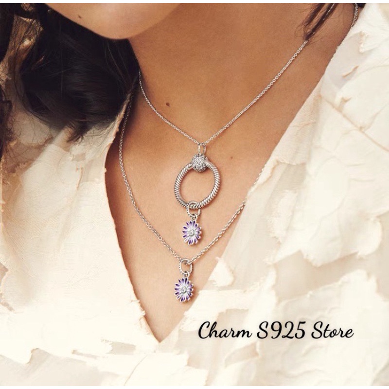combo dây chuyền + 1 mặt dây charm pan hoa cúc tím bạc s925 cao cấp