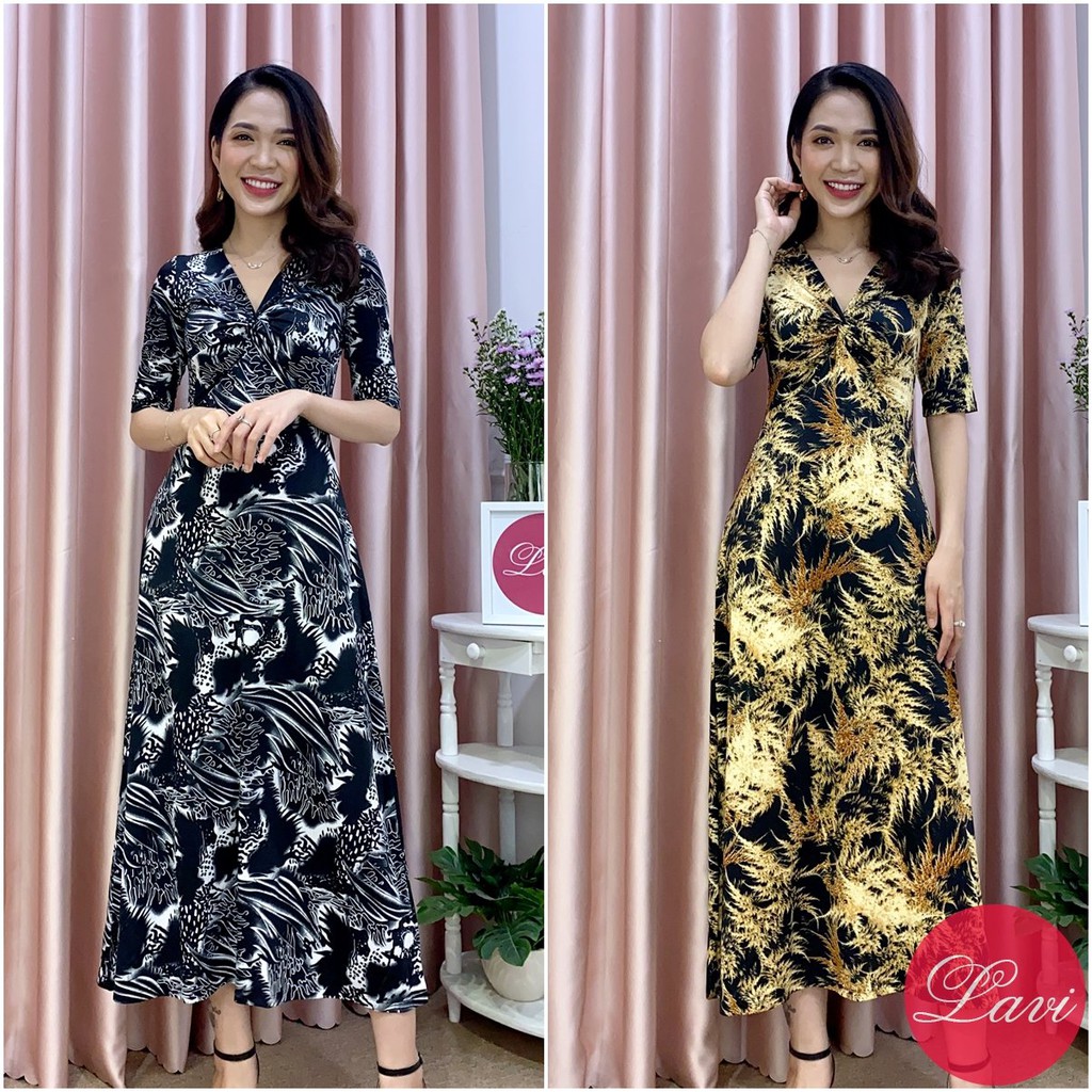 L2020 Đầm thun maxi họa tiết xoắn eo - Lavi House