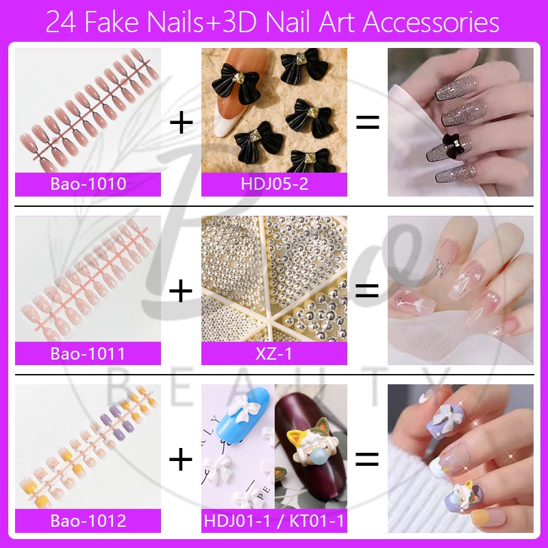 Set 24 Móng Tay Giả 2022 Họa Tiết 3D Kèm Keo Dán