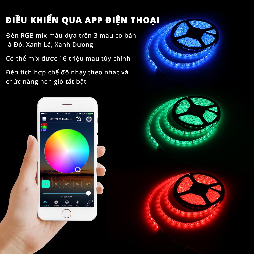 Đèn Led RGB 5M Đổi 16 Triệu Màu, Cảm Biến Nháy Theo Nhạc, Quay Video Tiktok Cuốn Hút Triệu View, Đèn led tiktok Đổi Màu