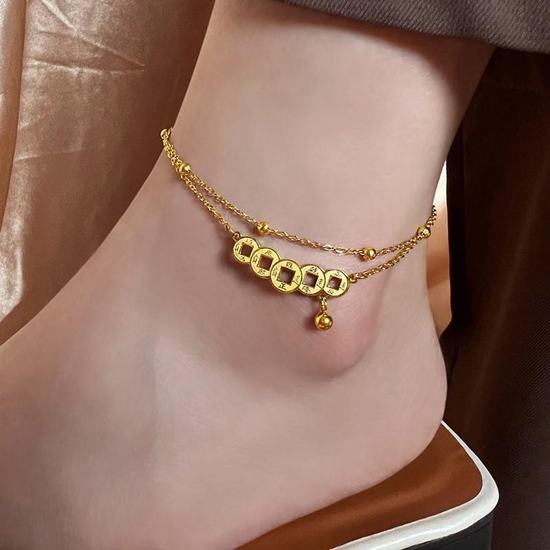 Lắc Chân Thép Titan Không Phai Màu Thiết Kế Mặt Đồng Xu Cổ Điển Cho Nữ