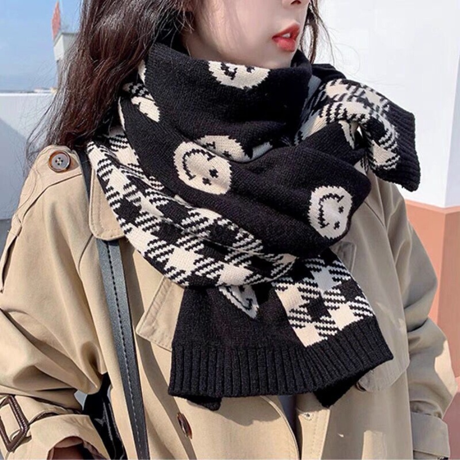 Khăn cashmere len quàng cổ nam nữ họa tiết mặc cười kẻ caro thời trang thu đông màu đen - 38x188cm - Mã LN027