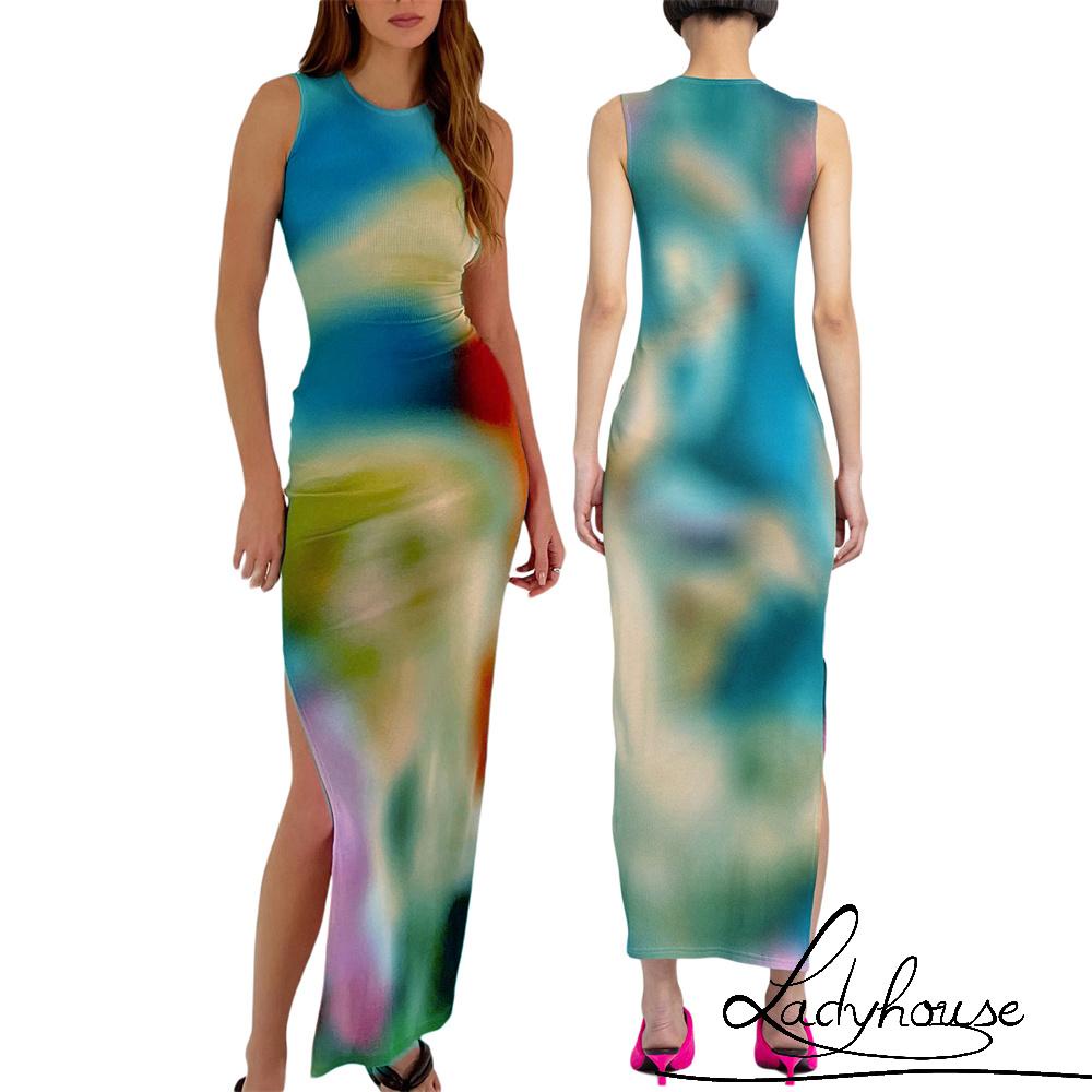 Đầm Dài Sát Nách Cổ Tròn Xẻ Tà Hông Nhuộm Màu Nhuộm Thời Trang Mùa Hè Cho Nữ