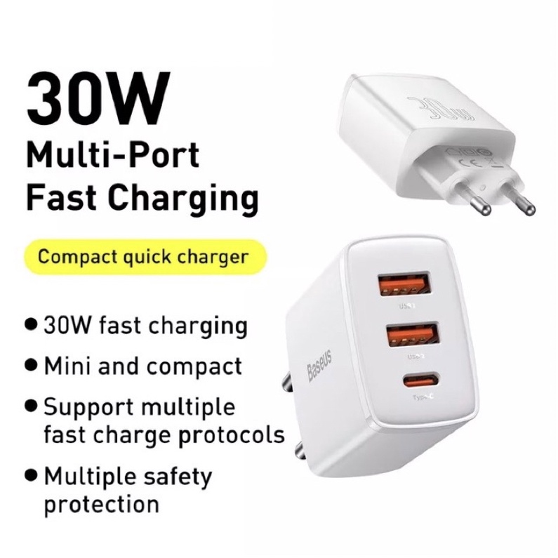 Củ sạc nhanh 30W Baseus 3 cổng TypeC/ USB hỗ trợ QC4.0/PD3.0
