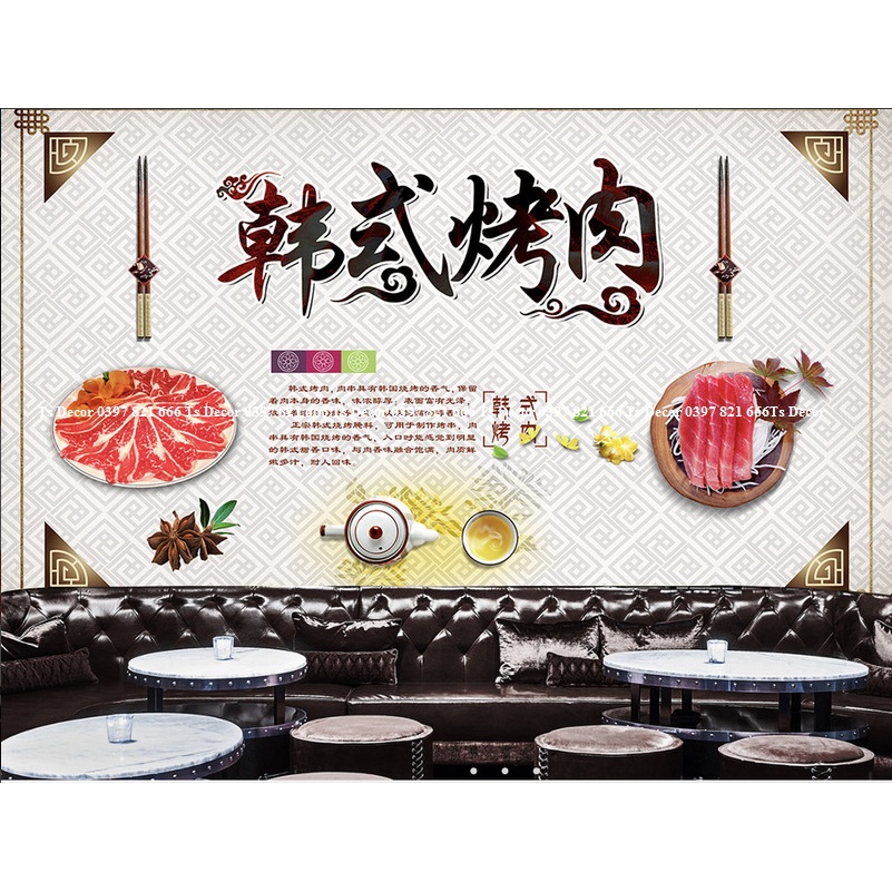 Tranh dán tường nhà hàng lẩu nướng 3D cao cấp chất liệu lụa 3D, xé không rách, lau chùi thoải mái