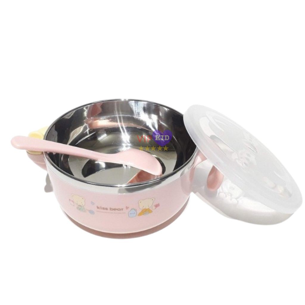 Bát ăn dặm cho bé inox Kiss Bear 2 lớp Cách Nhiệt Tặng Kèm Thìa Tập Xúc - VIPKID