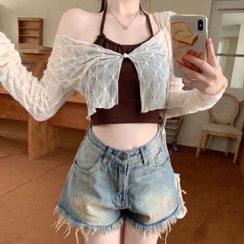 Sét áo kiểu croptop hình trám mix áo 2 dây nâu Quảng Châu