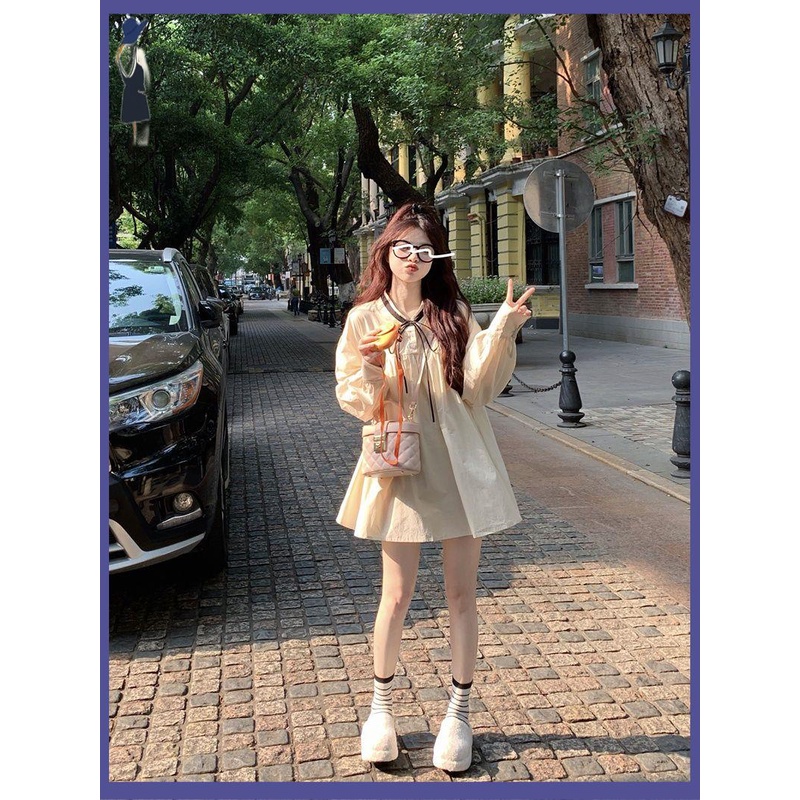 🎀váy babydoll  váy xinh đầm tiểu thư Đầm Ngắn Dáng Rộng Tay Phồng Dài Buộc Dây Kiểu Retro Pháp Thời Trang Mùa Thu 2022 Mới