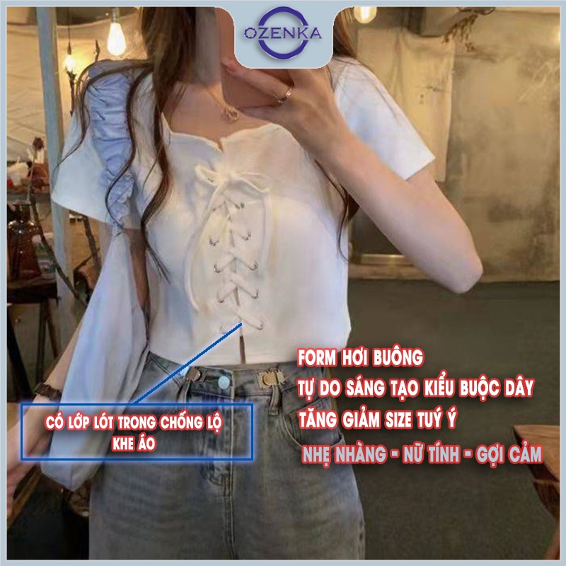 Áo croptop nữ kiểu buộc dây tay ngắn ozenka , áo thun cổ bẻ crt đẹp cài khuy buộc nơ 2022 màu đen trắng size 40 -55 cân