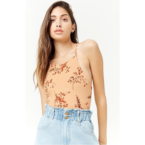 Áo bodysuit 2 dây trơn thun gân F21 cổ yếm 00270544