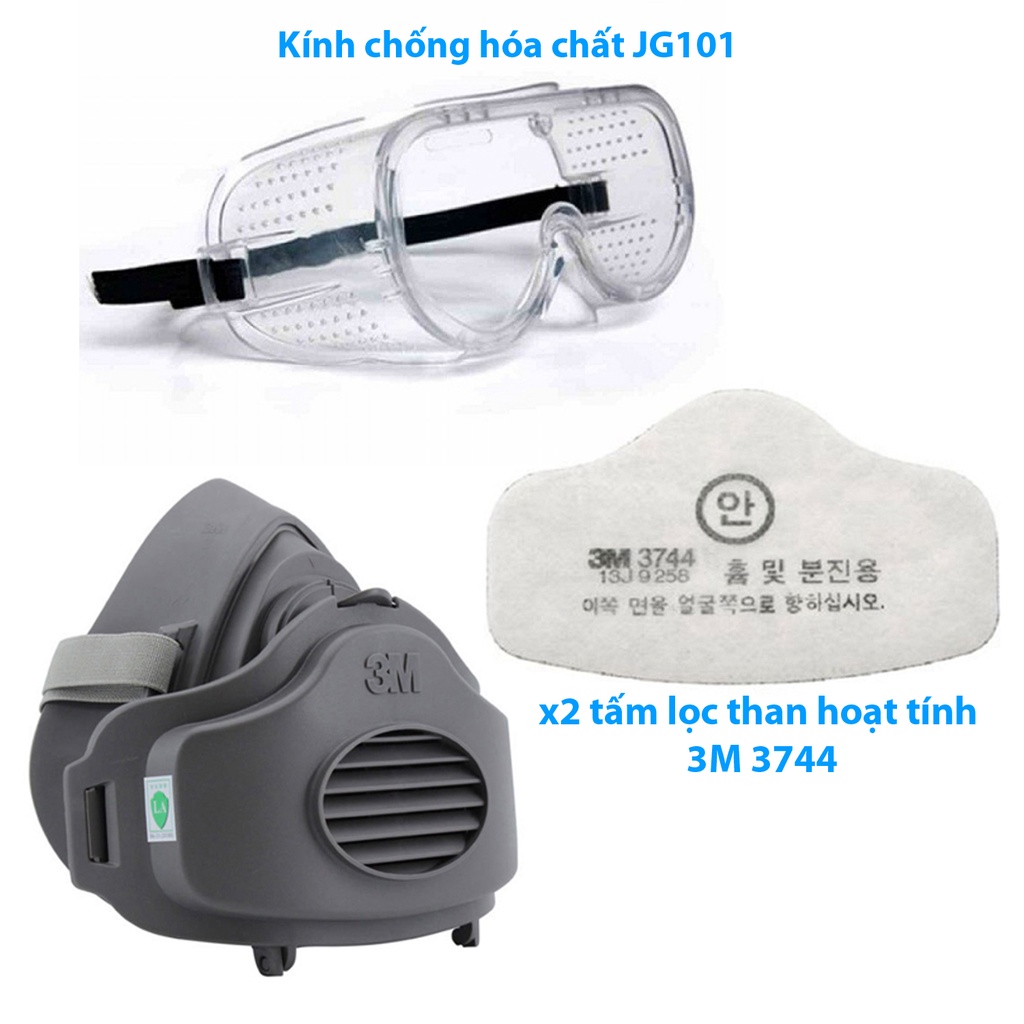 3M 3200-Mặt nạ phòng độc 3M có kính chống hóa chất 3M 334, JG101 lọc hơi acetone, xăng dầu dùng phun sơn, phòng khói độc