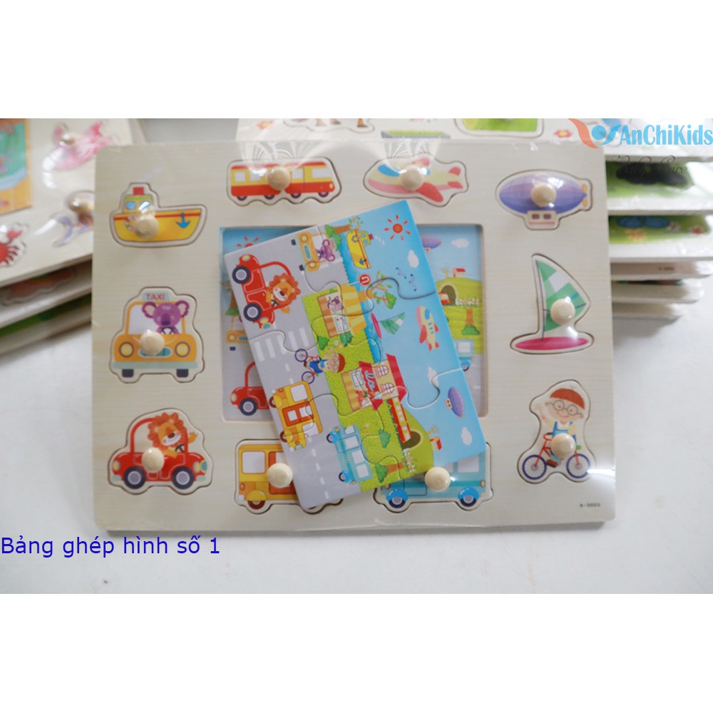 Đồ chơi lắp ráp bằng núm gỗ cho bé - chủ đề kết hợp bảng ghép hình