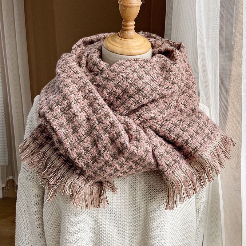 Khăn choàng len cashmere dày dặn giữ ấm họa tiết sọc caro phong cách Hàn quốc