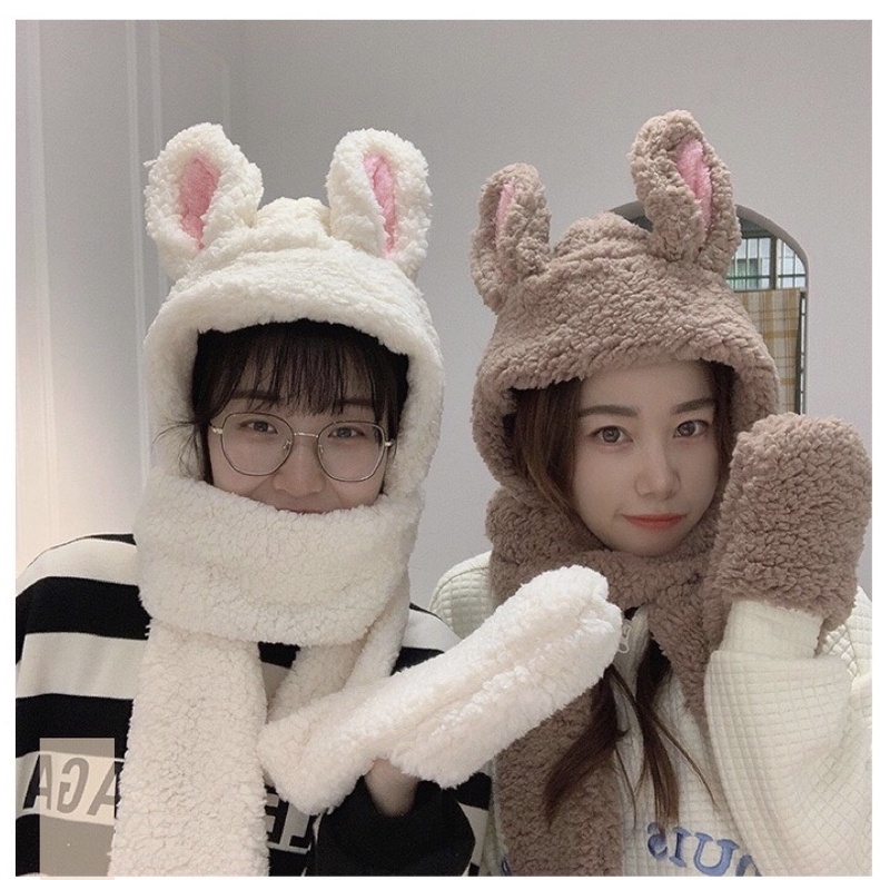 Bộ khăn kèm mũ, găng tay hình gấu thỏ cute nhiều màu/ sưt khăn mũ 3 in 1