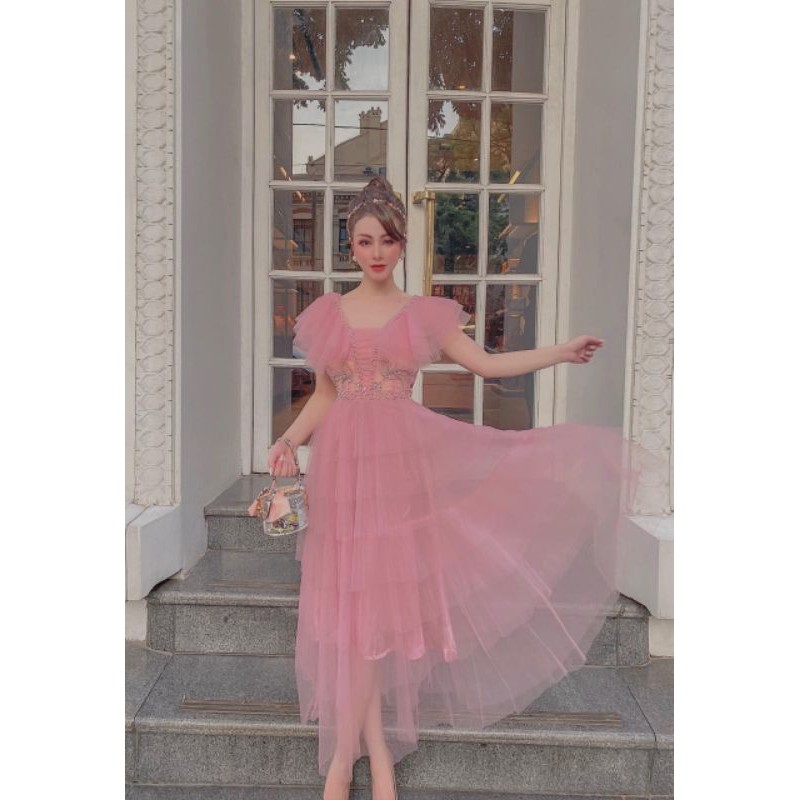 Đầm dư tiêc bèo vai tiểu thư tần maxxi kèm ảnh thât