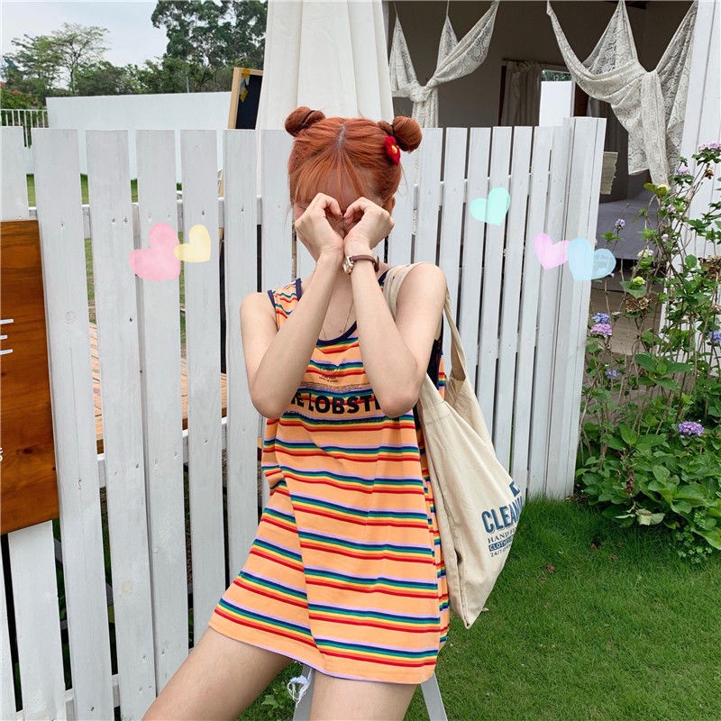 Áo không tay nữ Dáng Rộng In Chữ Màu Cầu Vồng Phong Cách Hàn Quốc Hàng Mới