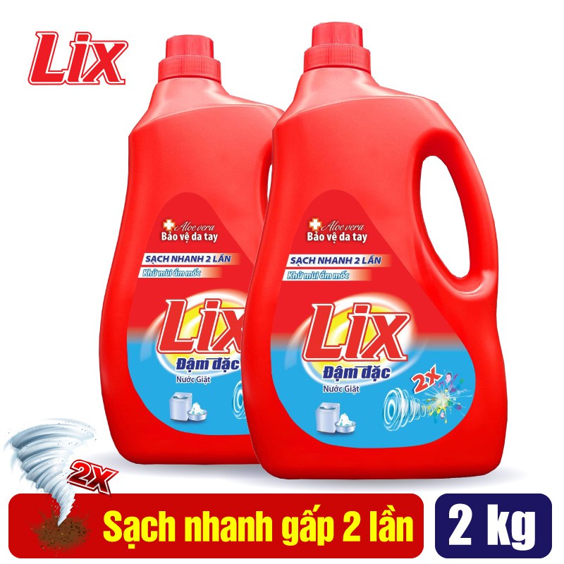 Combo 2 chai nước giặt Lix đậm đặc hương hoa 2Kg - tẩy sạch cực mạnh vết bẩn - 2C-NG201