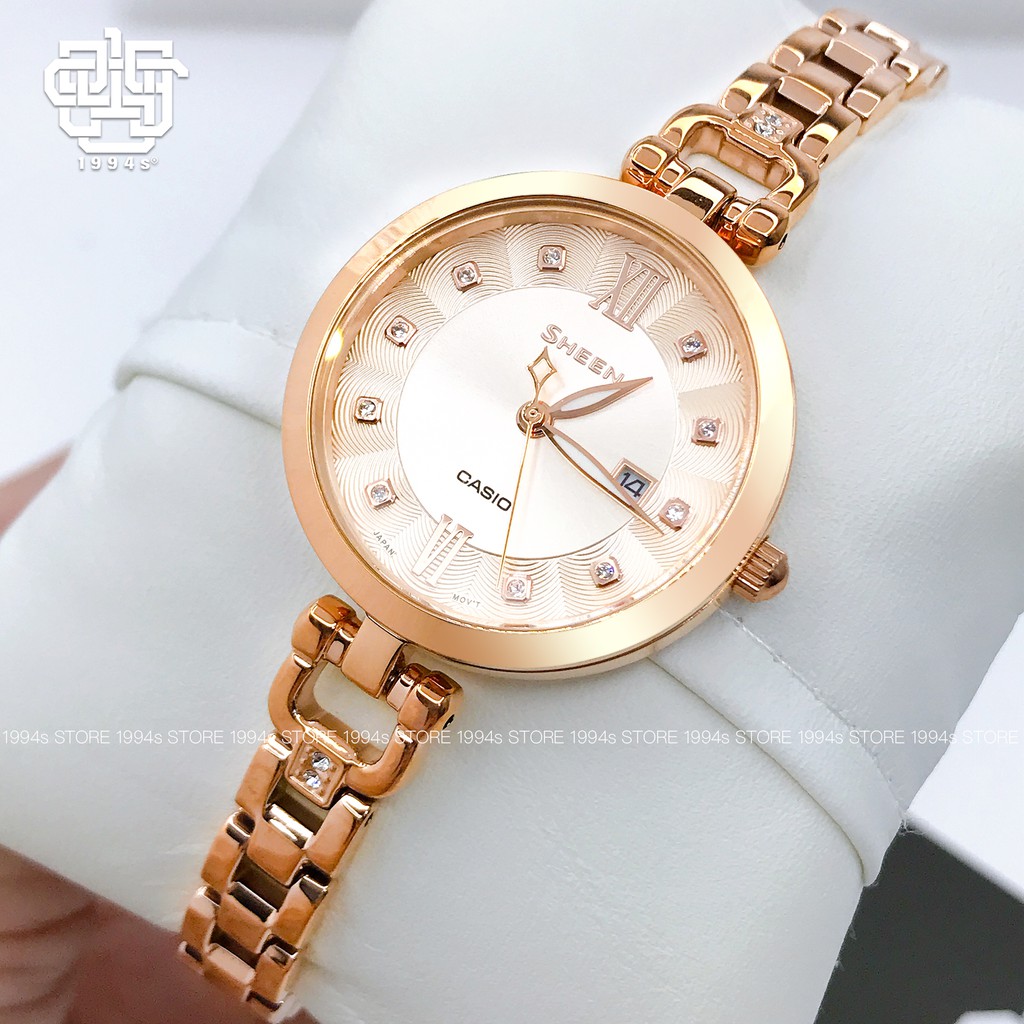 Đồng hồ nữ Casio Sheen SHE-4055 / SHE-4055PG-4A dây thép không gỉ, chống nước 50m, size 30mm, hàng chính hãng