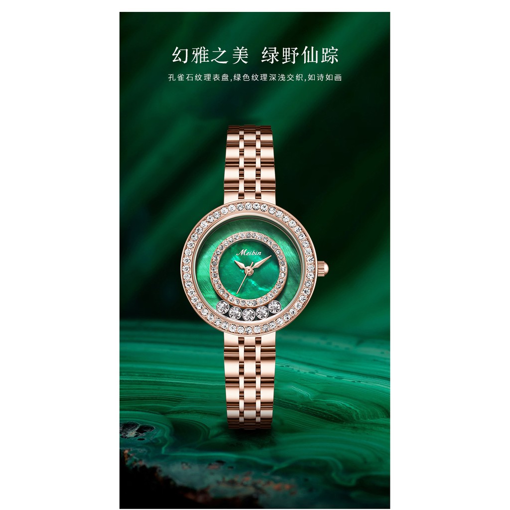 Đồng hồ nữ dây kim loại, đồng hồ đeo tay nữ chính hãng MEIBIN đính kim cương nhân tạo siêu sang, cực kỳ đẳng cấp