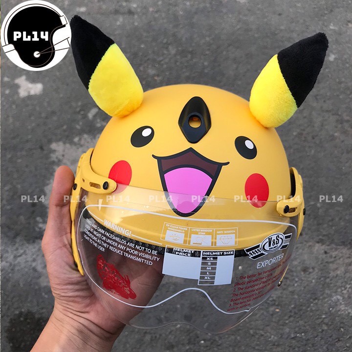 Mũ Bảo Hiểm Trẻ Em Pikachu Có Kính V&S Helmet Cho bé Từ 3-6 Tuổi Màu Vàng - Tặng Chong Chóng Tre