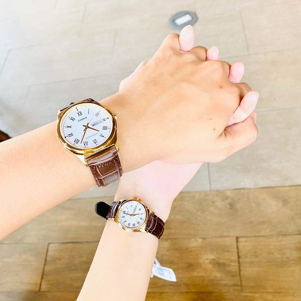 Đồng hồ nam nữ dây da Casio V006GL-7B Mặt trắng viềng vàng - Kính khoáng chống nước Bảo hành 1 năm Hyma watch