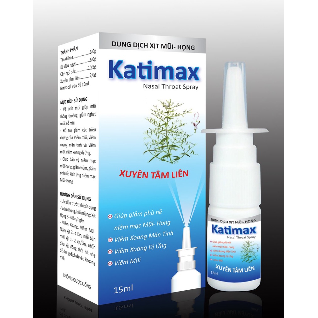 Xịt Mũi Họng Katimax 15ml, Giảm Nghẹt Mũi, Không Lo Vêm Họng, Viêm Xoang - Kata Pharma KP007