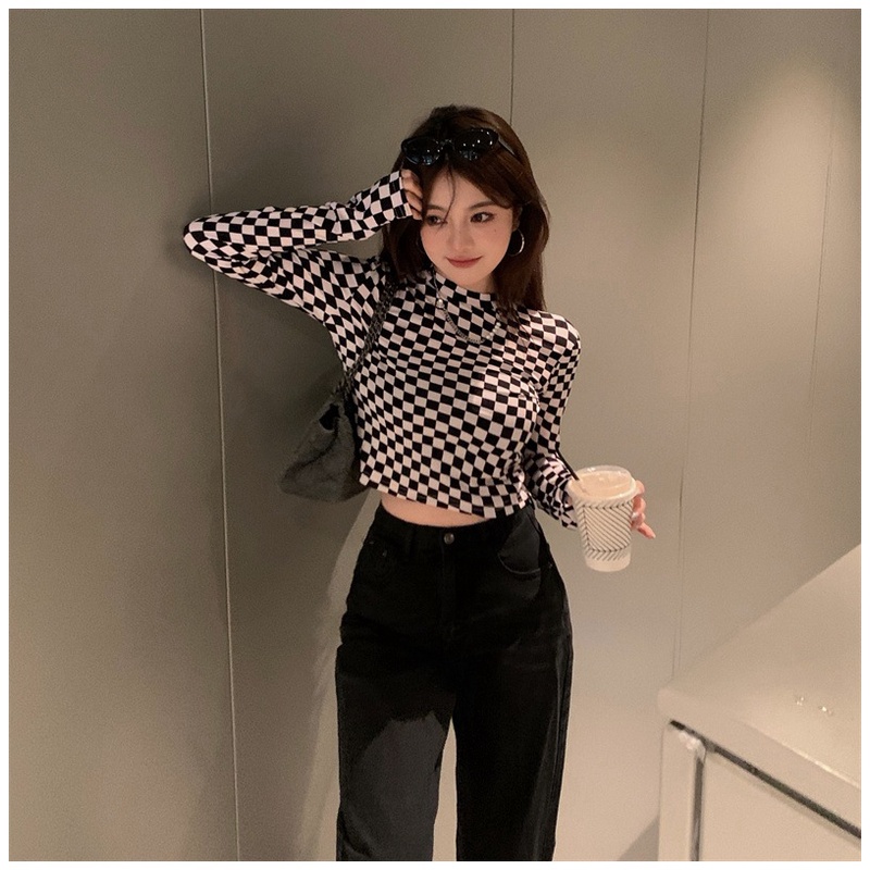 ÁO THUN CROPTOP TAY DÀI NỮ SỌC CARO ĐỘC LẠ CÁ TÍNH DỄ PHỐI ĐỒ CÓ BIGSIZE <65KG  CR22037