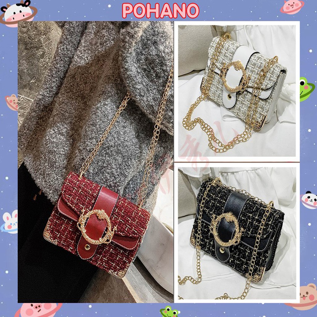 Túi xách Pohanu túi đeo chéo nữ da nẹp viền vàng dây xích BT52