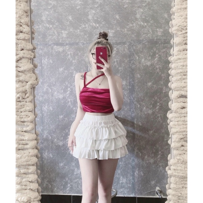 Áo 2 Dây Nhung Croptop Dây Chéo Ngực Nhún