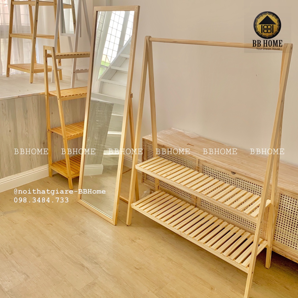 Giá treo quần áo chữ A ngang 110cm - 2 tầng gỗ thông Mỹ