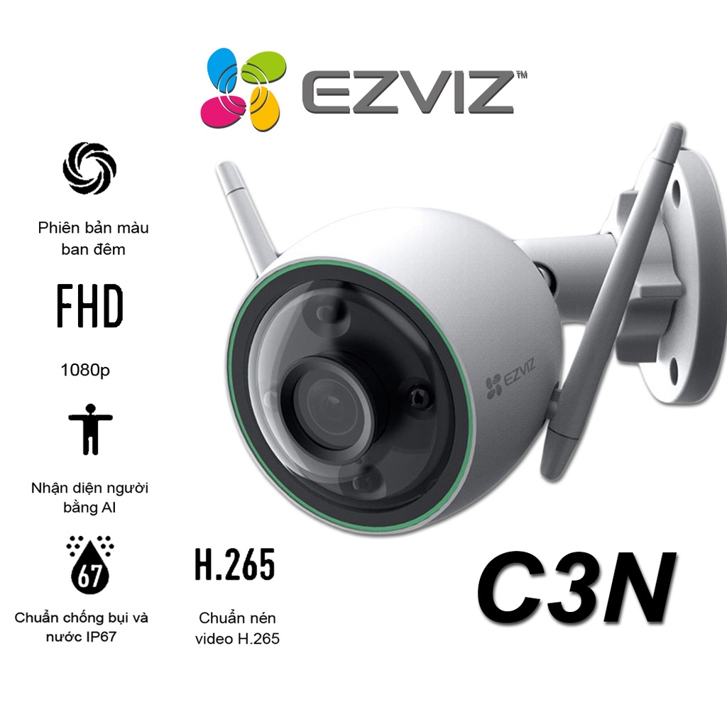 Camera Wifi EZVIZ C3N 1080p HD Màu Ban Đêm - AI Nhận Diện Người | Camera Ngoài Trời 100% Chính Hãng Bảo Hành 2 Tháng