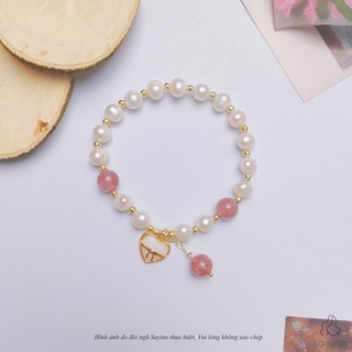 Vòng tay nữ hàn quốc chuỗi đá charm trái tim phối đá thạch anh và ngọc trai nhân tạo cao cấp